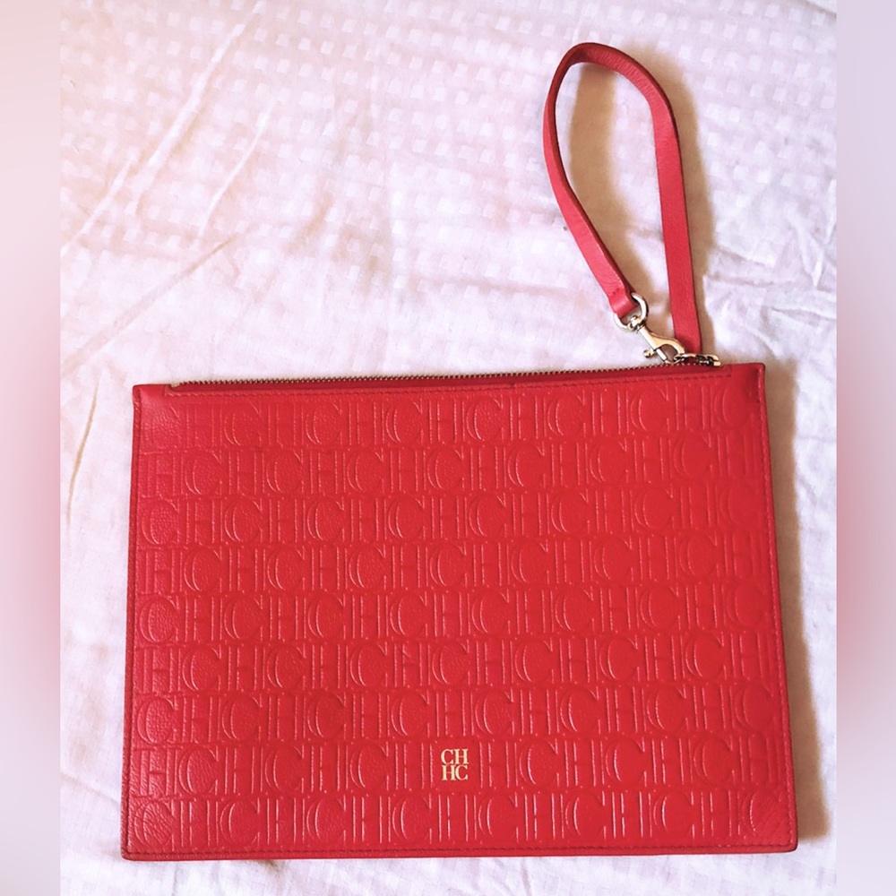 Carolina Herrera Red Monogram Embossed leather pouch